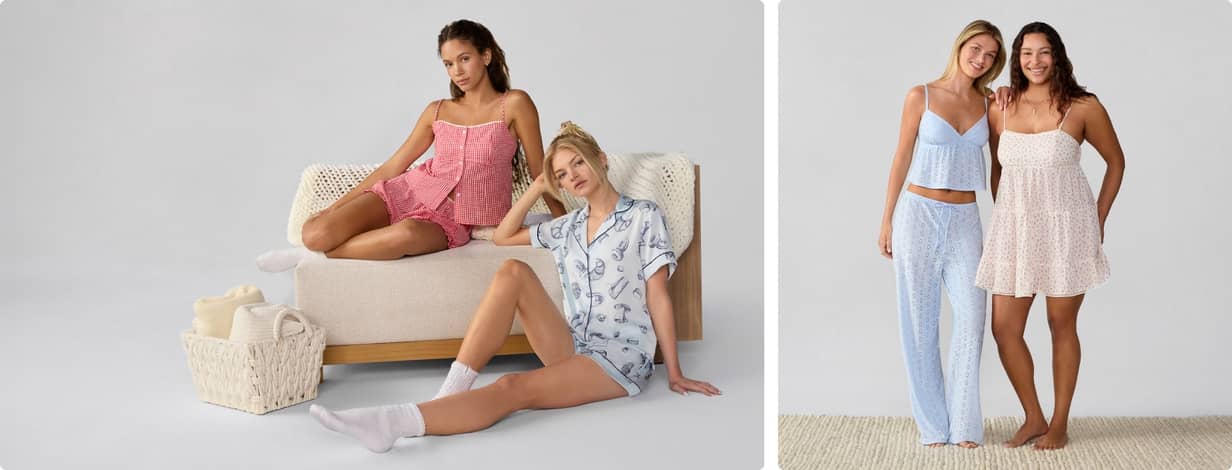 A group of young adult women wearing summer pajama sleep sets in a variety of prints.