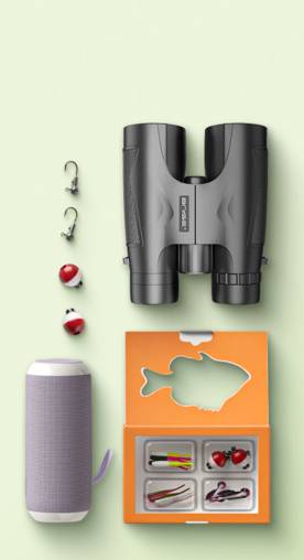 An image of two fishing hooks, two bait balls, binoculars, a Bluetooth speaker and a fishing kit.