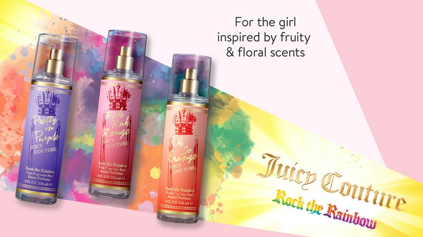 Juicy Couture's Rock the Rainbow mists are displayed. Above them, text reads, For the girl inspired by fruity and floral scents.