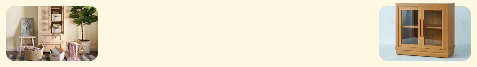 A living room with checkered rug, stylish cabinet and organizing baskets.