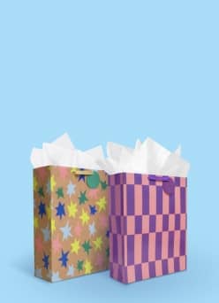 Patterned gift bags with geometric patterns, filled with tissue paper.
