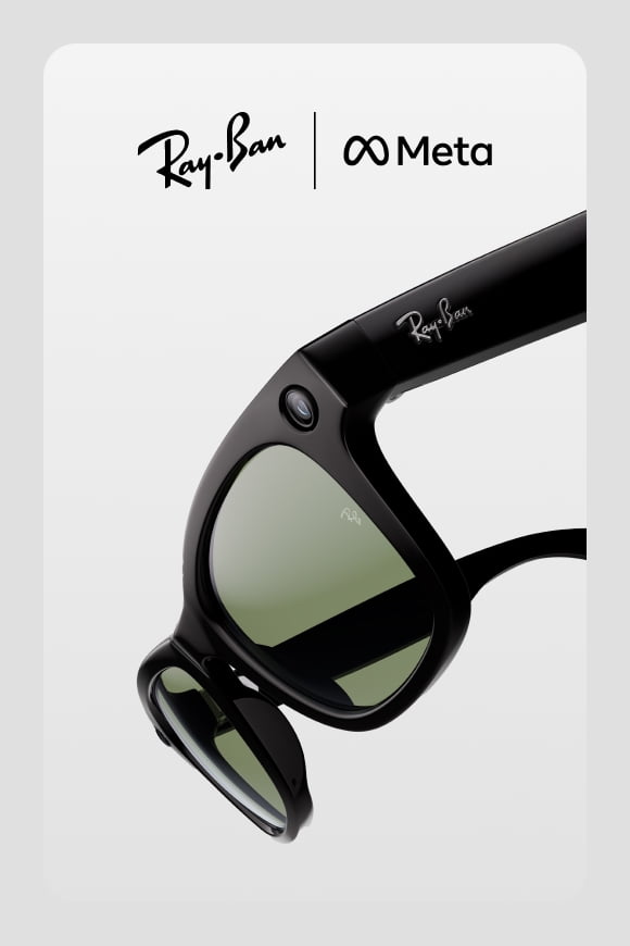 Ray-Ban Meta glasses shown as well as Ray-Ban & Meta logos.