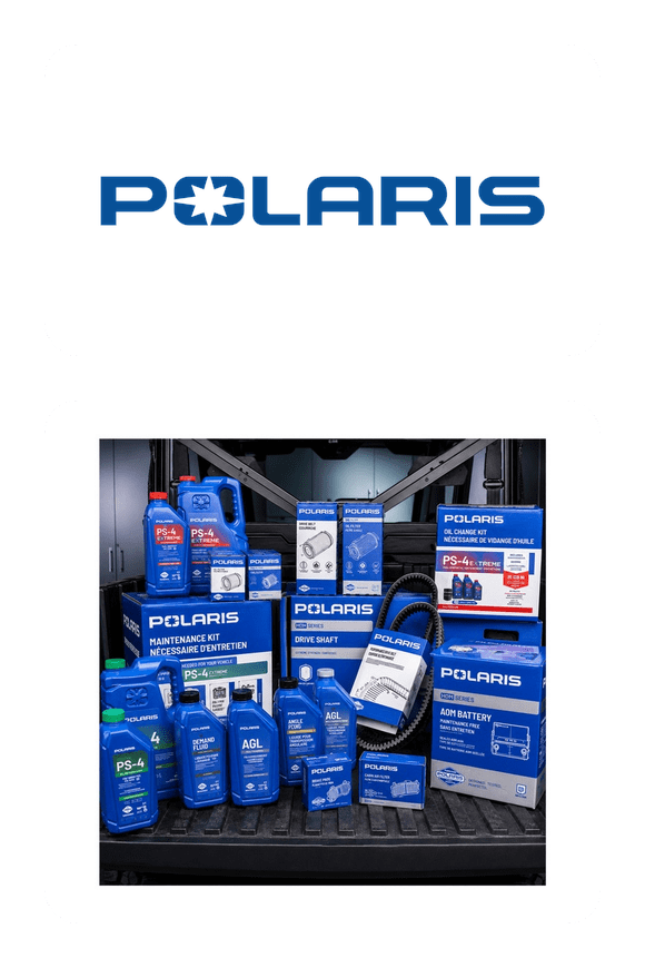 Image shows various Polaris maintenance and vehicle care products in blue packaging displayed in a transport setting with a gray background.
