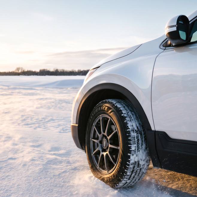 SUV front tire with visible tread parked on snowy ground at sunset.