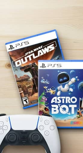 Image shows the Star Wars Outlaws and Astro Bot video games for PS five and a game controller.