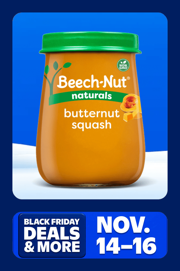 Image shows an orange Beech-Nut Naturals baby food jar with a green lid on a blue background.