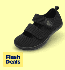 Flash deals. Image shows black Barerun adjustable knit walking sneakers for women on a light yellow background.