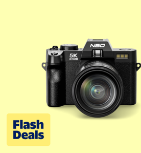 Image shows a black NBD 5K digital camera on a light yellow background.