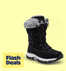 Image shows the sole of black GUBARUN women's snow boots with a non-slip design on a light yellow background.