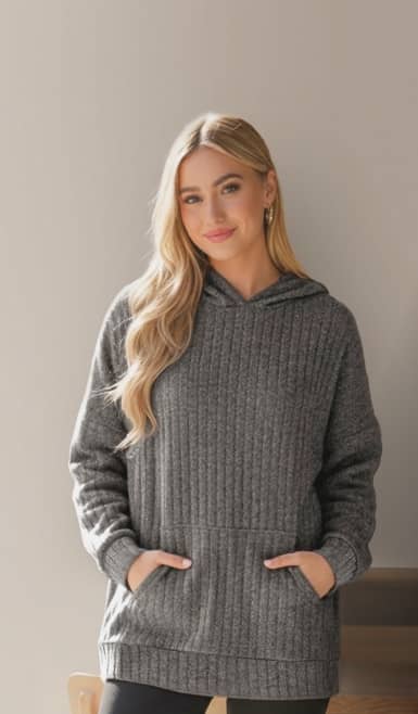 Woman wearing long-sleeve pullover hoodie sweatshirt in charcoal black.