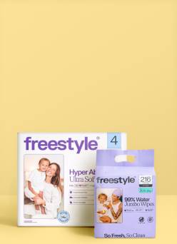 Freestyle’s hyper absorbent ultra soft diapers and 90 percent water jumbo wipes.