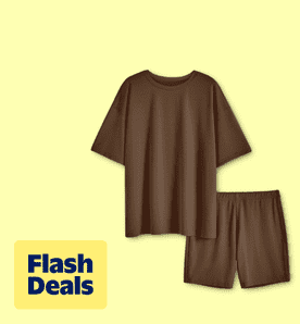 Flash deals. Image shows a brown SUNBS two-piece lounge outfit with an oversized T-shirt and matching biker shorts on a light yellow background.