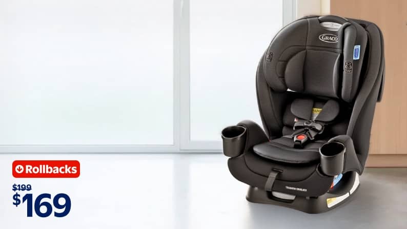 Rollbacks badge. Strikethrough $199 with bold $169 pricing text. Black Graco car seat.