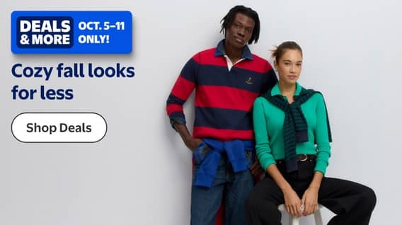 Deals and More badge reads: Oct. five through eleven only. Two adults model casual fall outfits with Cozy fall looks for less and Shop Deals text.