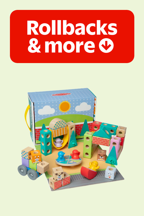 Image shows the Melissa & Doug Blockables Town Snap and Play wooden building blocks set with colorful pieces on a light green background.