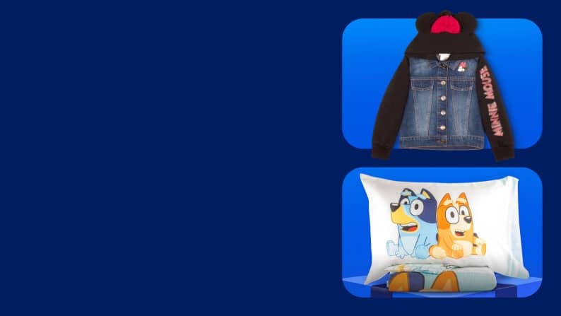 A Bluey pillow, Bluey towel and Mickey Mouse denim jacket.
