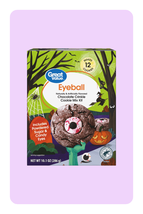Image shows Great Value, Chocolate Crinkle Eyeball Cookie Kit, 10.1 oz
