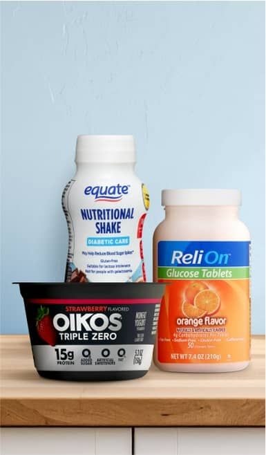 Equate’s Nutrional Shake, ReliOn’s orange-flavored glucose tablets and Oikos’ strawberry yogurt is shown.