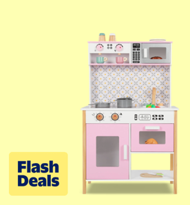Image shows a pink Wisairt wooden pretend play kitchen set for kids on a light yellow background.