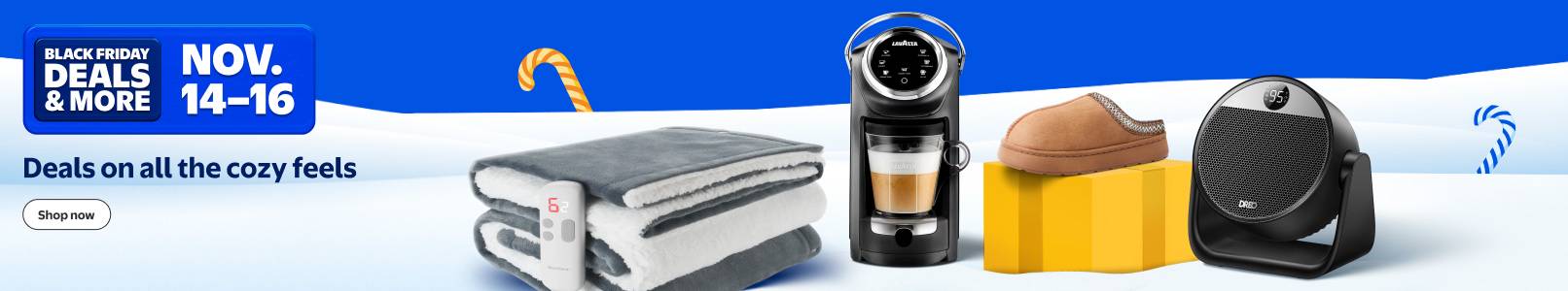 Black Friday Deals and more. Eleven fourteen to sixteen. A MaxKare heated blanket, Lavazza coffee maker, a slipper and a Dreo space heater.