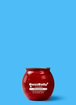 A BuzzBallz cran blaster premade cocktail against a blue background.