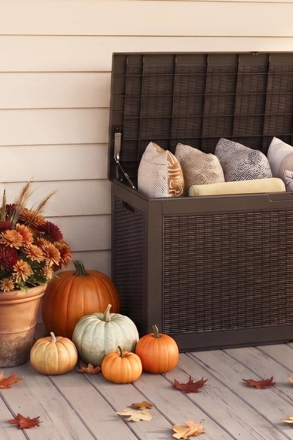 Outdoor storage box filled with pillows beside pumpkins and a pot of fall flowers on a wooden patio.