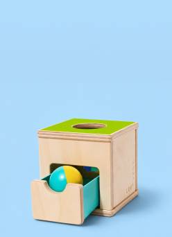 Wooden permanence box toy with lime green ball.