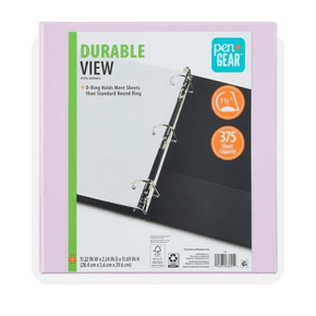 Image shows a Pen+Gear lilac binder with a one-point-five-inch D-ring and three hundred seventy-five-sheet capacity on a white background.