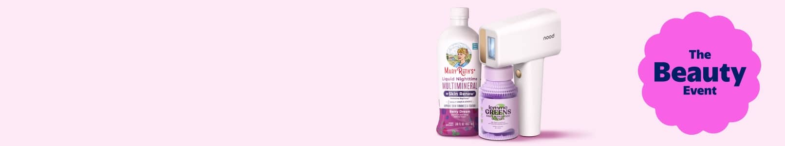 Pink banner with various supplements, a face tool, “The Beauty Event” badge, and text: “Lemme & more wellness. Major price drop! Ends 3/17.”