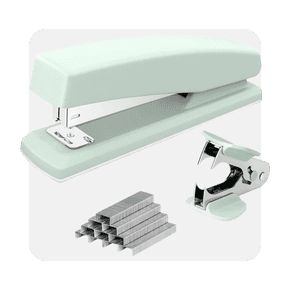 Image shows a light green stapler, Mr. Pen staple remover and staples on a white background.