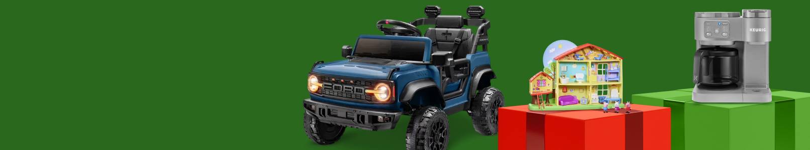 A kids’ toy Ford Bronco. Next to that, a Peppa Pig dollhouse and a Keurig coffee maker on top of illustrated gift boxes.