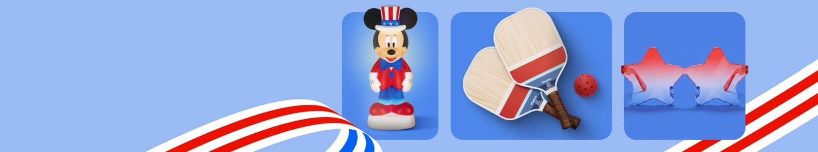 Mickey Mouse lamp, pickleball paddles, ball and star sunglasses.