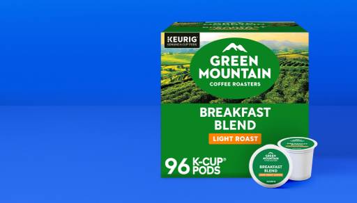 A box of ninety-six-count Green Mountain Breakfast Blend Light Roast K-Cup pods