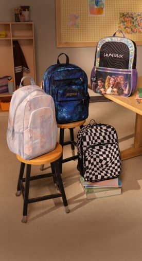 Plush lion, dinosaur print and quilted floral kids’ backpacks with matching lunch boxes. From five dollars in lower left corner.