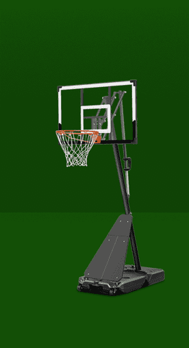 Image shows a black and white SERAY portable basketball hoop with an orange rim on a green background.