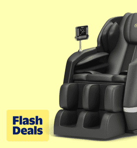 Flash deals. Image shows a black Real Relax full-body massage chair with a control panel, set against a yellow background.