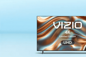 The words VIZIO seventy-five inch four K UHD are against a light blue background.