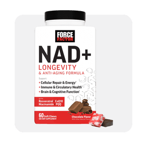 Image shows a white container of Force Factor NAD+ Longevity chocolate-flavored dietary supplements with soft chews on a light gray background.