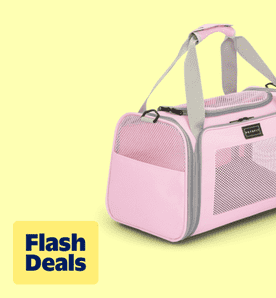 Flash deals. Image shows a pink Petsfit pet carrier with mesh panels and gray straps on a light yellow background.