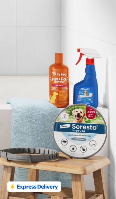 Seresto flea and tick collar, Adams spray, and Zesty Paws flea and tick shampoo.