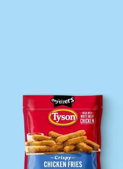 A bag of Tyson anytizers frozen crispy chicken fries against a light blue background.