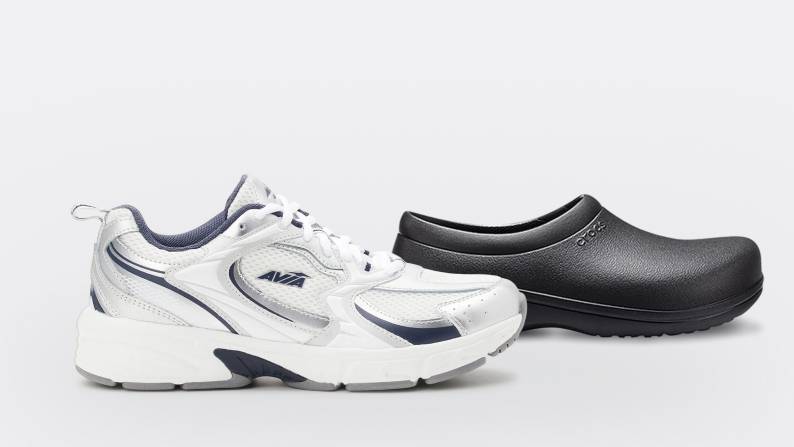 A white Avia sneaker and a black Croc are pictured on a grey backdrop.
