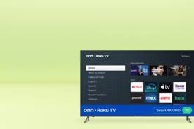 onn Roku TV displaying the start screen with text that reads smart four K UHD seventy-five inches.