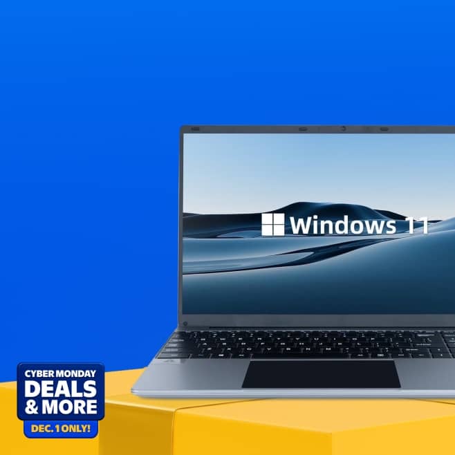 Cyber Monday Deals and more. December one only. Image shows a Windows eleven laptop.