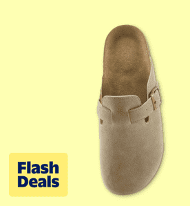 Flash deals. Image shows a beige Ecetana women's suede clog with a cork footbed and buckle, set against a light yellow background.