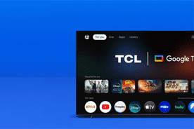 Image shows a black TCL television displaying streaming apps and content recommendations on a blue background.