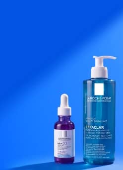 La Roche Posay Mela B3 serum bottle and Effaclar cleansing gel pump bottle.
