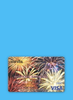 An image of a gift card printed with fireworks on a blue background.