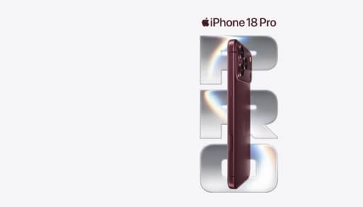 Apple iPhone 18 Pro phone in burgundy shown in side view over large metallic text: PRO.
