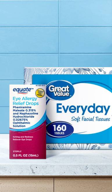 Equate eye allergy relief drops and Great Value everyday soft facial tissues.